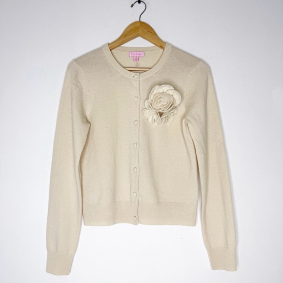 Lilly Pulitzer Ivory Cashmere Wool Cardigan Sweater with Flower Appliqué Size M - Picture 1 of 8